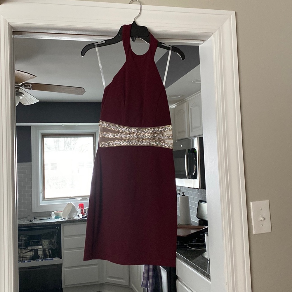 Size 0 Burgundy Dress with a Sparkly Belt and Halter Top